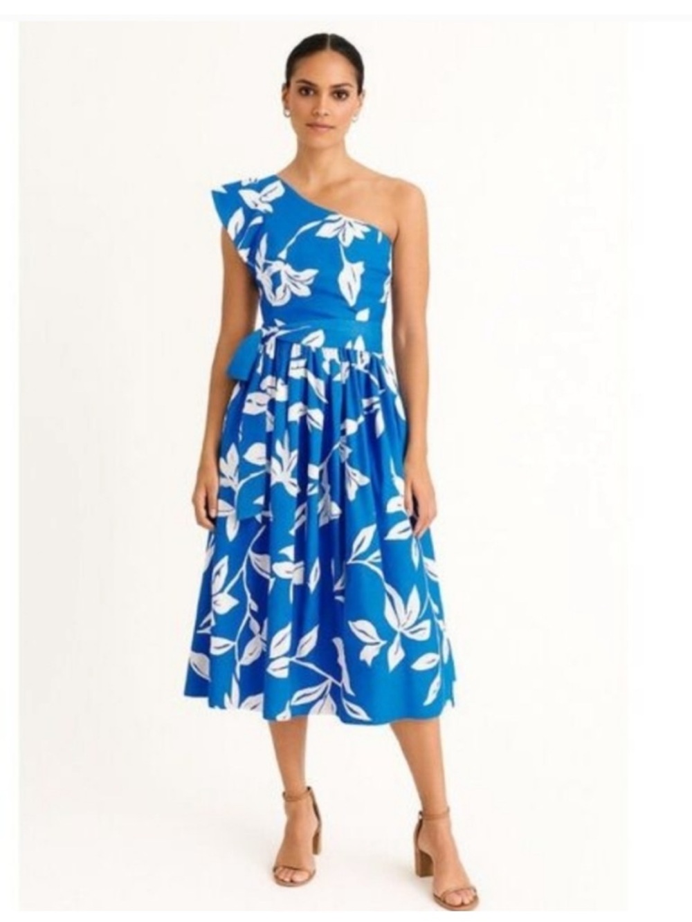 J.Crew One-Shoulder Midi Dress Blue White Floral Size 10